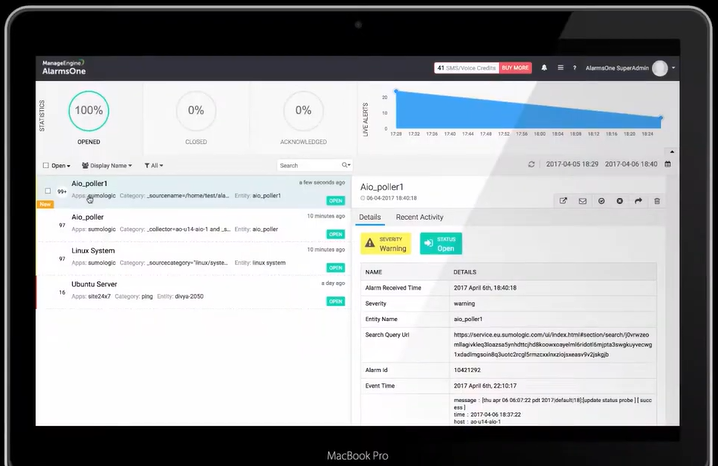 screenshot of ManageEngine AlarmsOne